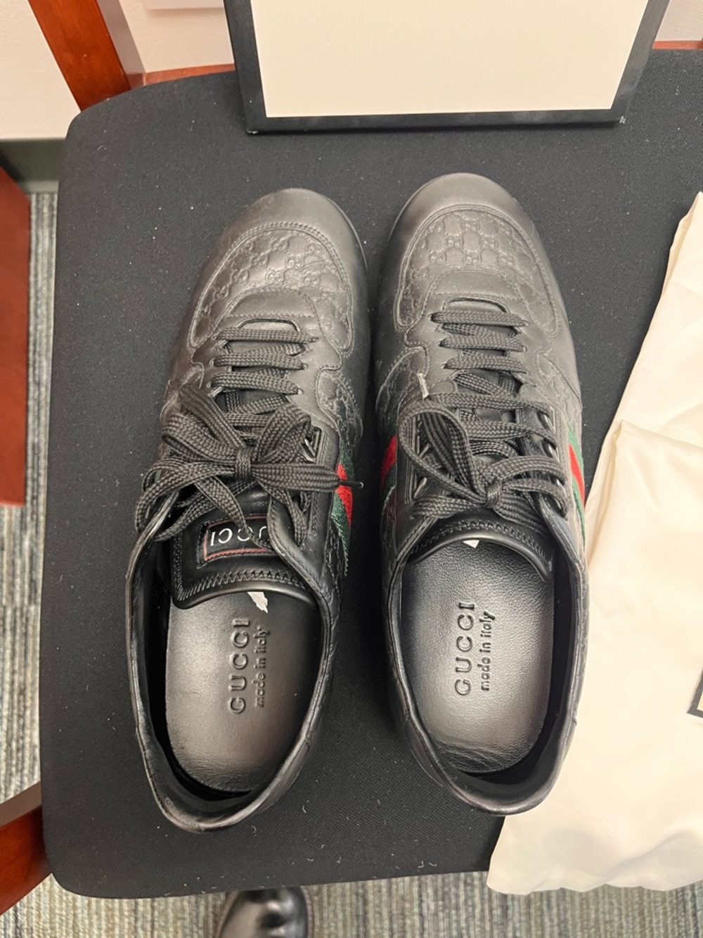 Gucci Black Leather Men’s Sneakers with Red & Green Web Stripe - Picture 3 of 8